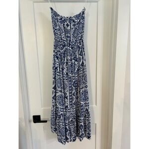 Salty Lemon Blue White Tile Print Strapless Smocked Maxi Dress Small coastal